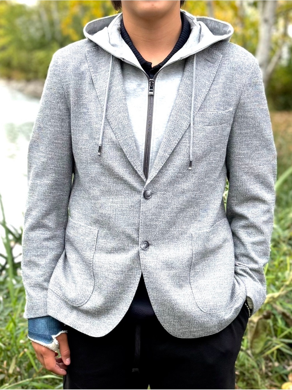 Boss Light Gray Men's Knit Blazer with Hooded Layer
